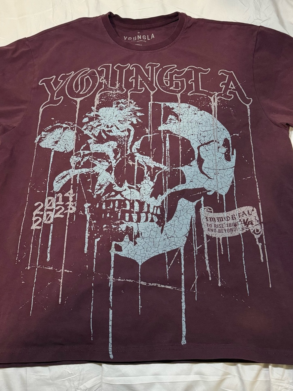 YoungLA Maroon Short-Sleeve Tee with Light Blue Skull Graphic